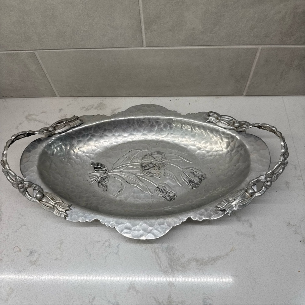 Vintage Rodney Kent hammered aluminum Oval Serving Tray with flower detail